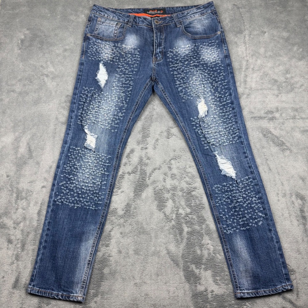 Copper Rivet Mens 36x30 Distressed Slim Straight Jeans Blue Denim Cross Hatch